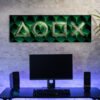 Computer gamer workspace with black screen monitor with neons an